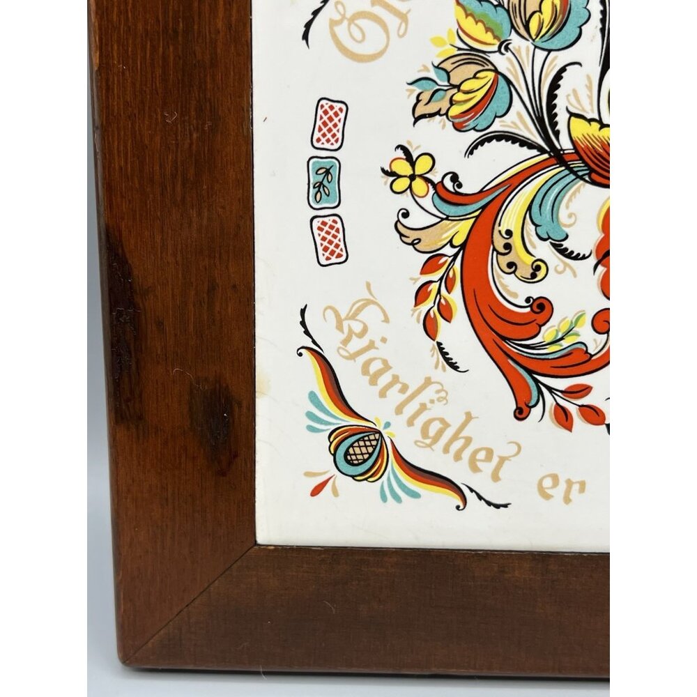 VTG Berggren Trayner Norwegian Wood-Framed Trivet Tile Plaque Rosemaling 1960s - Picture 9 of 12